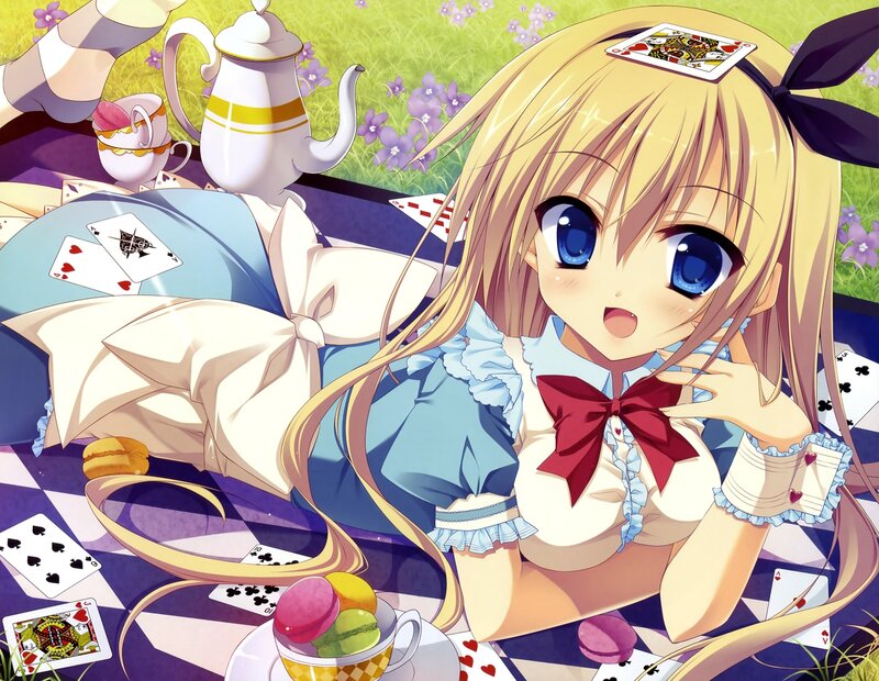 Blonde Anime Girl — Blue, Playful, Afternoon, Playing Cards