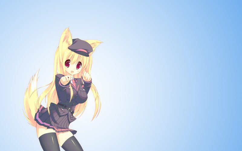 Blonde Anime Girl — Blue, Playful, Cat Ears, Cat Tail, Uniform