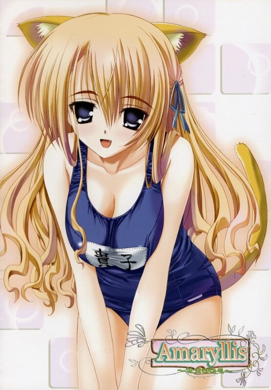 Blonde Anime Girl — Blue, Playful, Cat Ears, Swimsuit