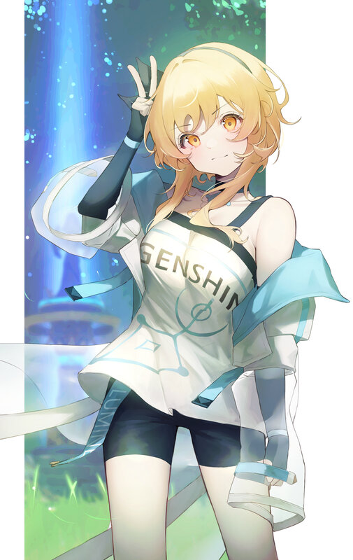 Blonde Anime Girl — Blue, Playful, Digital Art, Peace Sign