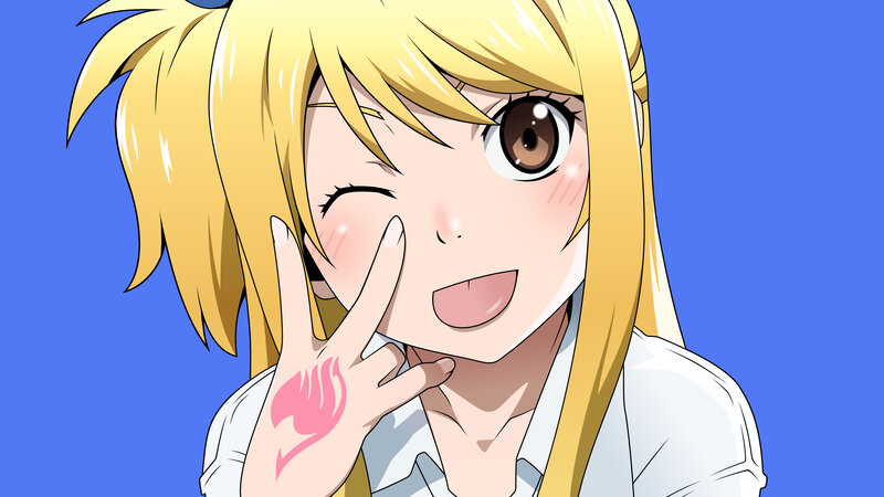 Blonde Anime Girl — Blue, Playful, Hand Gesture, Cheek Blush