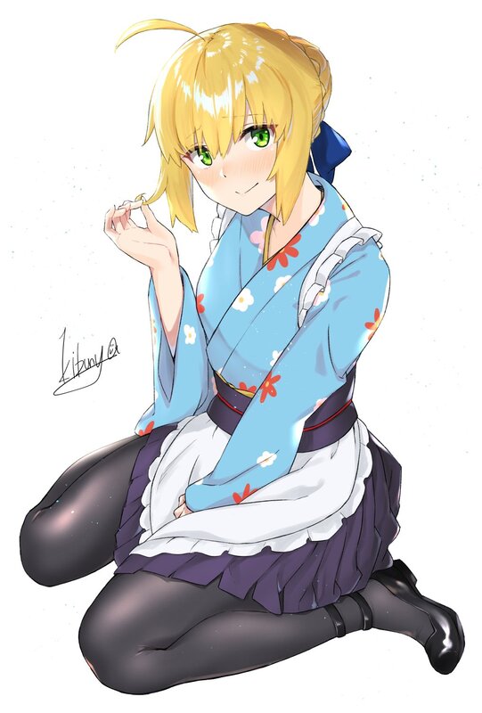 Blonde Anime Girl — Blue, Playful, Kimono, Tights