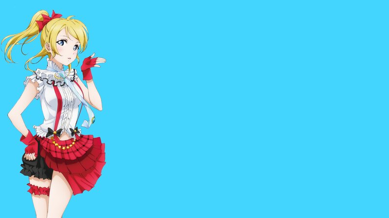 Blonde Anime Girl — Blue, Playful, Red Bow, Ruffled Skirt