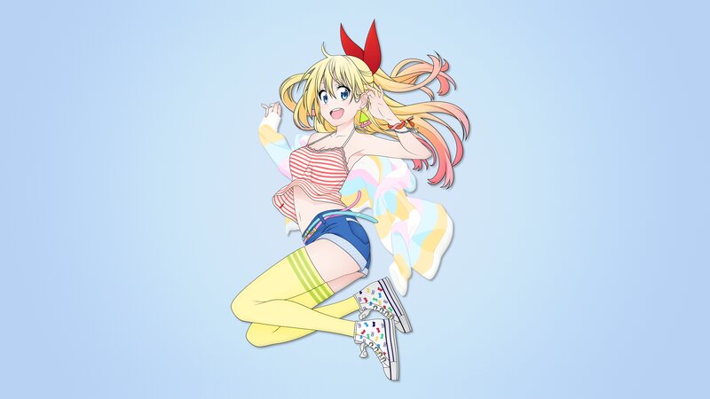 Blonde Anime Girl — Blue, Playful, Red Bow, Striped Top