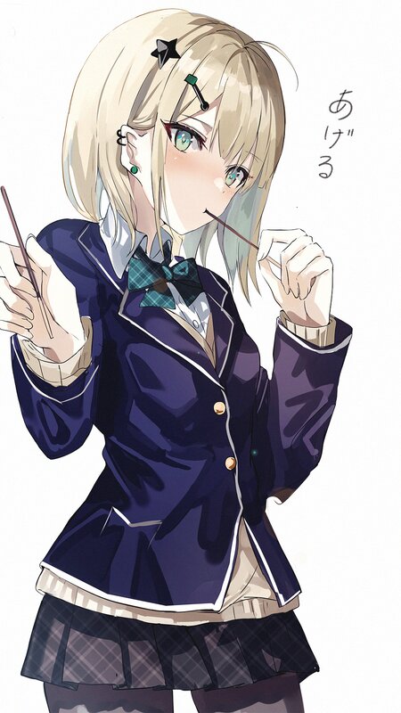 Blonde Anime Girl — Blue, Playful, School Uniform, Bow Tie