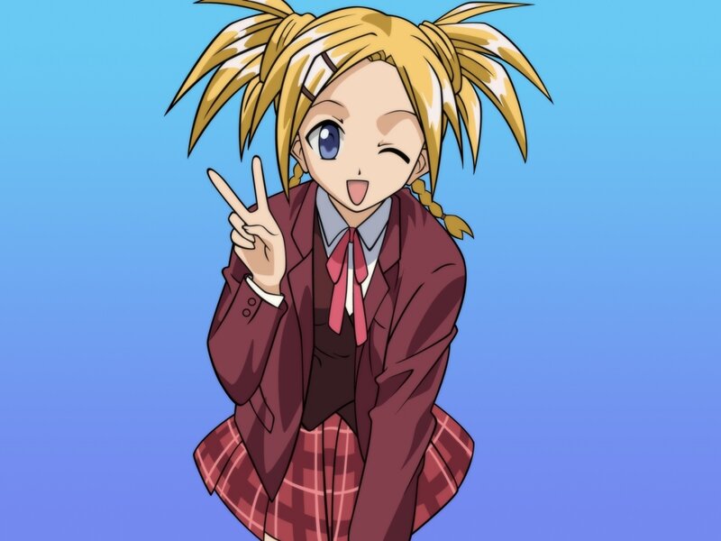 Blonde Anime Girl — Blue, Playful, School Uniform, Peace Sign