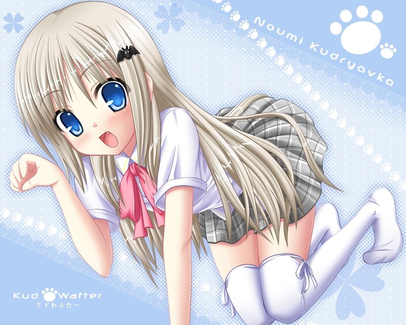 Blonde Anime Girl — Blue, Playful, School Uniform, Pink Bow
