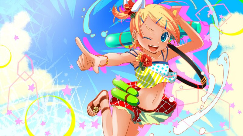 Blonde Anime Girl — Blue, Playful, Summer