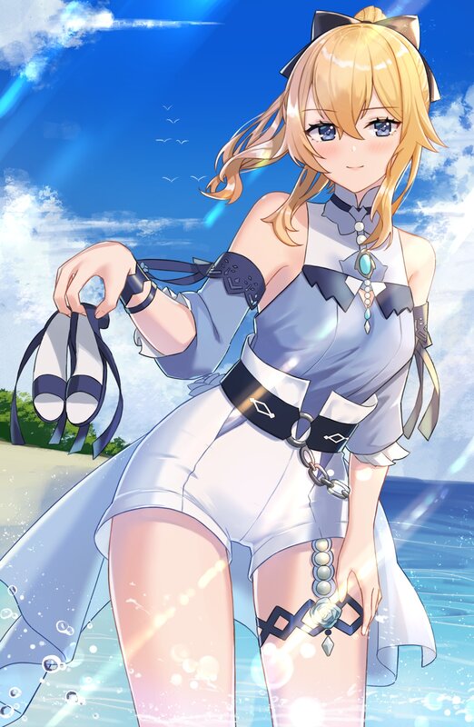 Blonde Anime Girl — Blue, Serene, Afternoon, Beach, Ocean