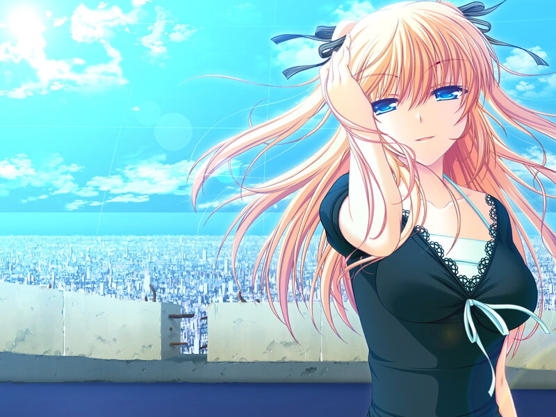 Blonde Anime Girl — Blue, Serene, Afternoon, Cityscape