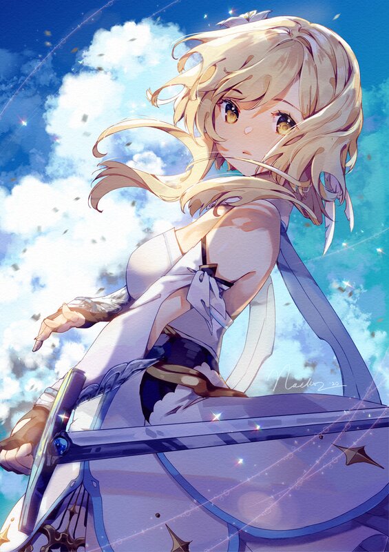 Blonde Anime Girl — Blue, Serene, Afternoon, Digital Art, Sword