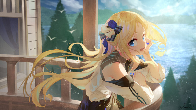 Blonde Anime Girl — Blue, Serene, Afternoon, Digital Art