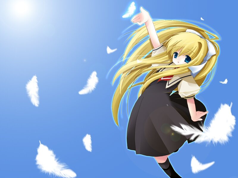 Blonde Anime Girl — Blue, Serene, Afternoon, Feathers, Sky