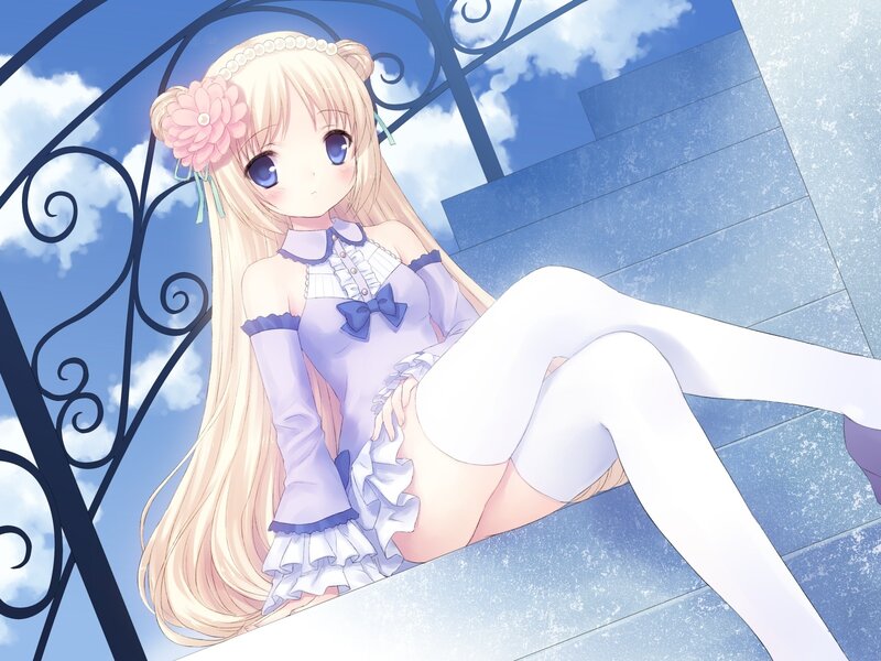 Blonde Anime Girl — Blue, Serene, Afternoon, Flower