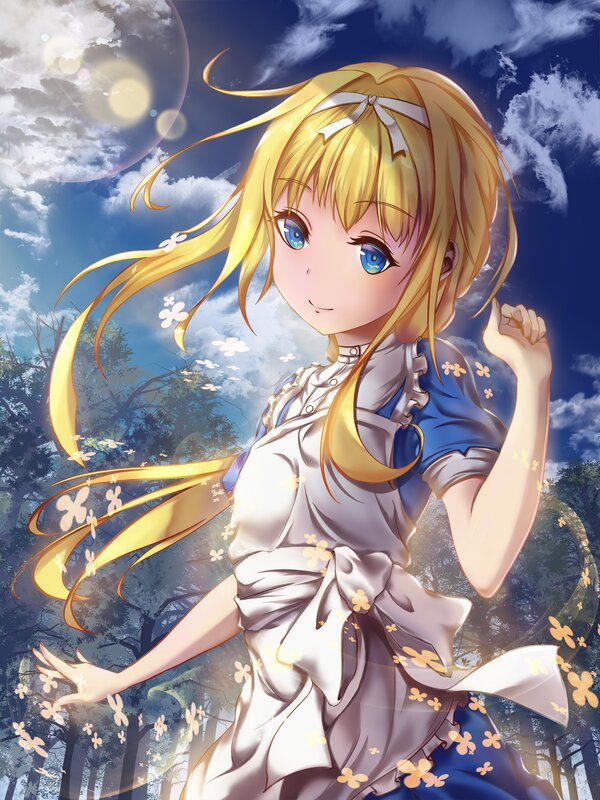 Blonde Anime Girl — Blue, Serene, Afternoon, Flowers, Sky
