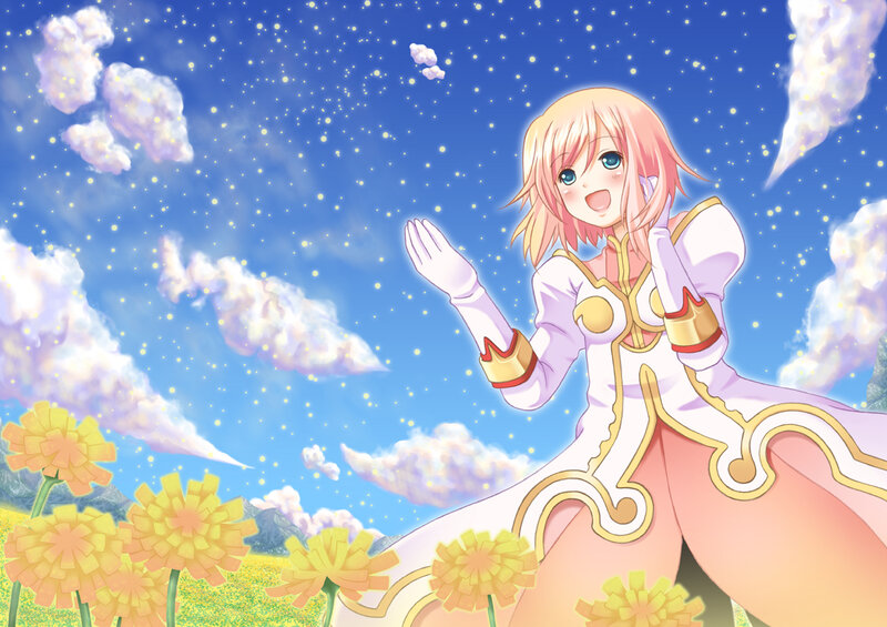 Blonde Anime Girl — Blue, Serene, Afternoon, Flowers