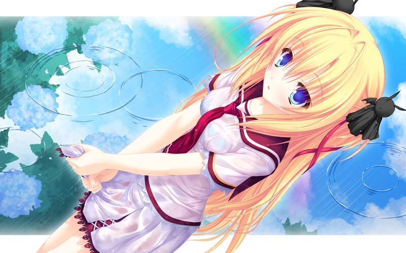 Blonde Anime Girl — Blue, Serene, Afternoon, Rain, Umbrella, Clouds