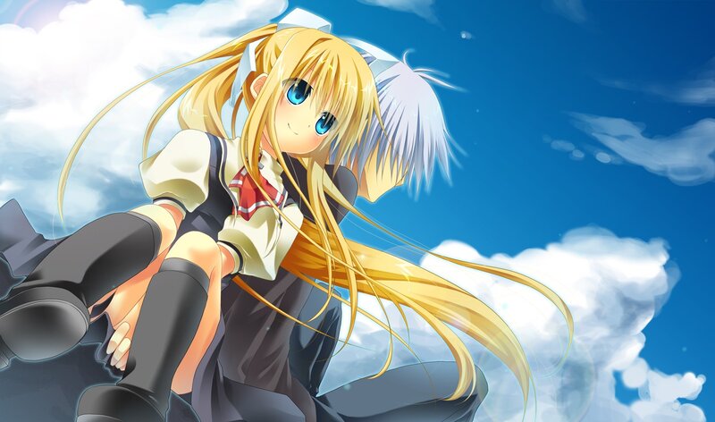 Blonde Anime Girl — Blue, Serene, Afternoon, School Uniform, Clouds, Blue Sky