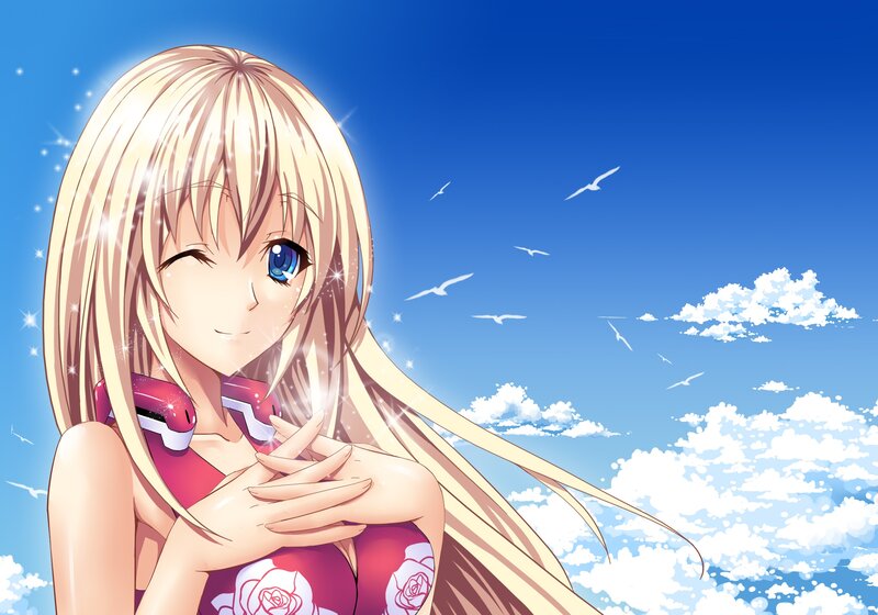 Blonde Anime Girl — Blue, Serene, Afternoon, Seagulls