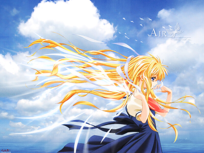Blonde Anime Girl — Blue, Serene, Afternoon, Sky, Clouds, Birds