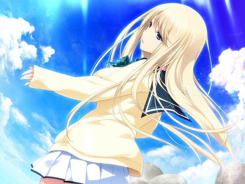 Blonde Anime Girl — Blue, Serene, Afternoon, Sky, Clouds, Rocks
