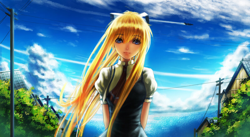 Blonde Anime Girl — Blue, Serene, Afternoon, Sky, Trees
