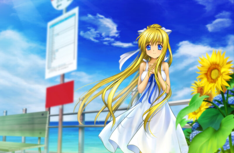Blonde Anime Girl — Blue, Serene, Afternoon, Sunflower