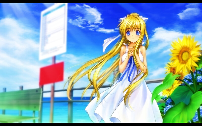 Blonde Anime Girl — Blue, Serene, Afternoon, Sunflowers