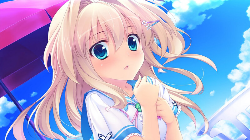 Blonde Anime Girl — Blue, Serene, Afternoon, Umbrella, Clouds