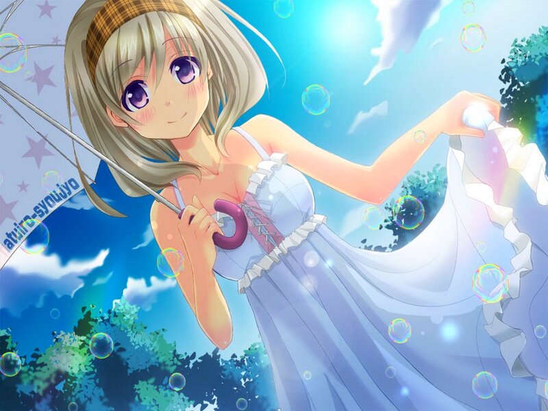 Blonde Anime Girl — Blue, Serene, Afternoon, Umbrella