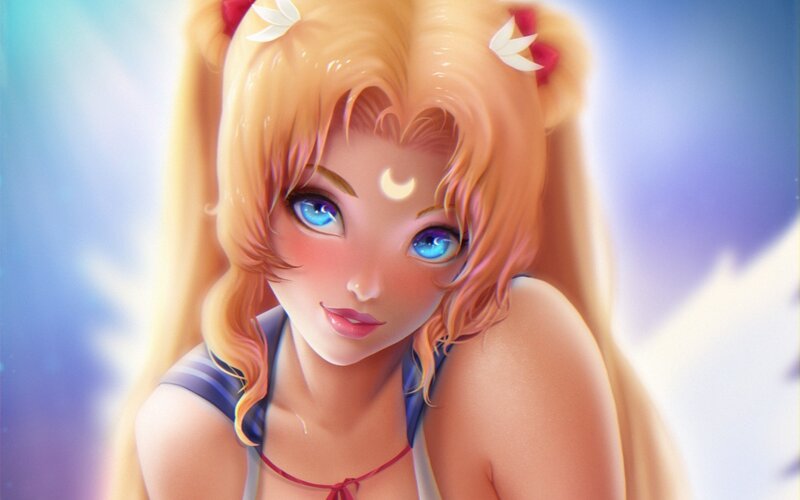 Blonde Anime Girl — Blue, Serene, Digital Art, Blue Eyes
