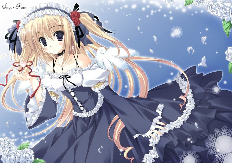 Blonde Anime Girl — Blue, Serene, Dress, Wings