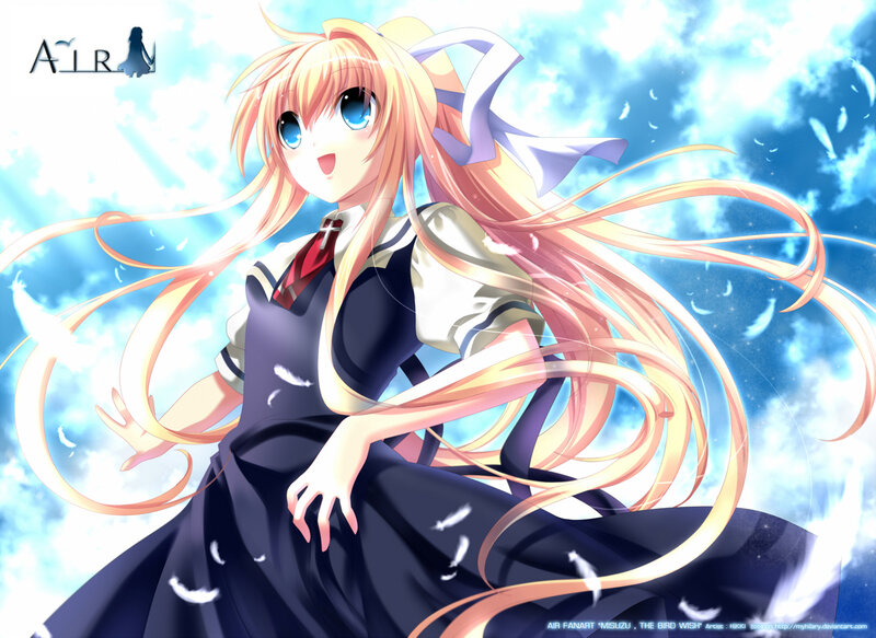 Blonde Anime Girl — Blue, Serene, Feathers