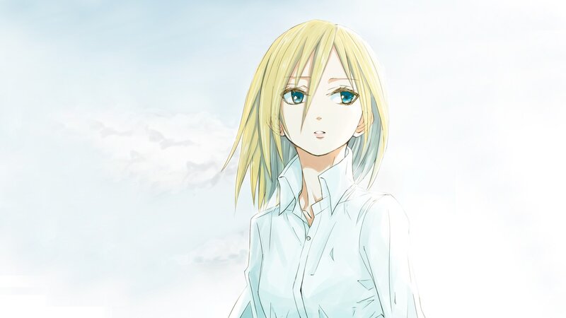 Blonde Anime Girl — Blue, Serene, Morning, White Shirt