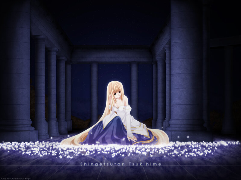 Blonde Anime Girl — Blue, Serene, Night, Columns