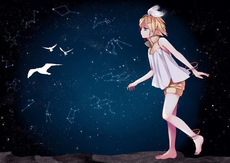 Blonde Anime Girl — Blue, Serene, Night, Constellations, Birds