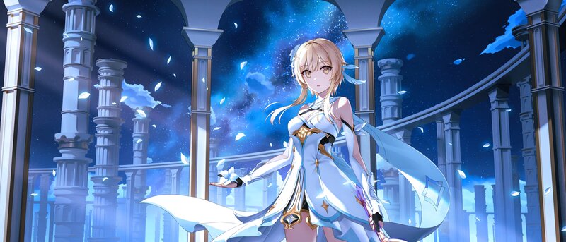 Blonde Anime Girl — Blue, Serene, Night, Digital Art, Ancient Ruins