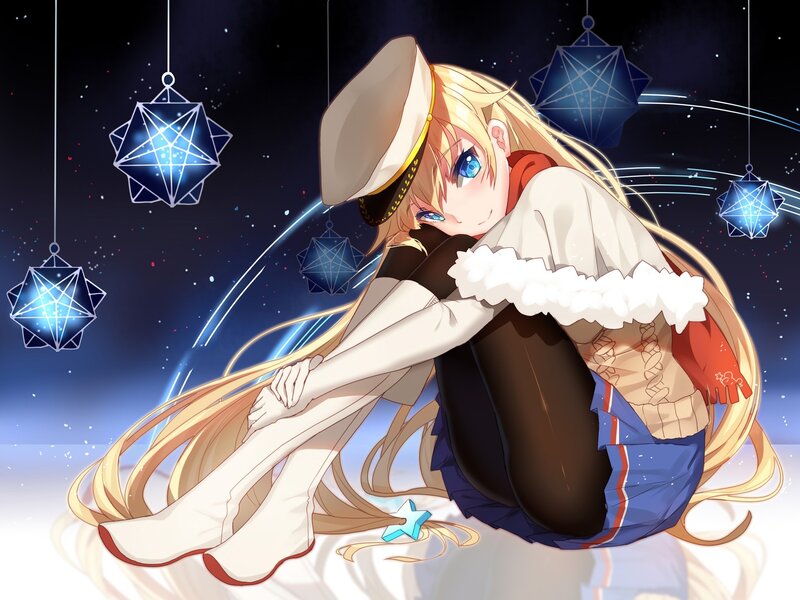 Blonde Anime Girl — Blue, Serene, Night, Digital Art