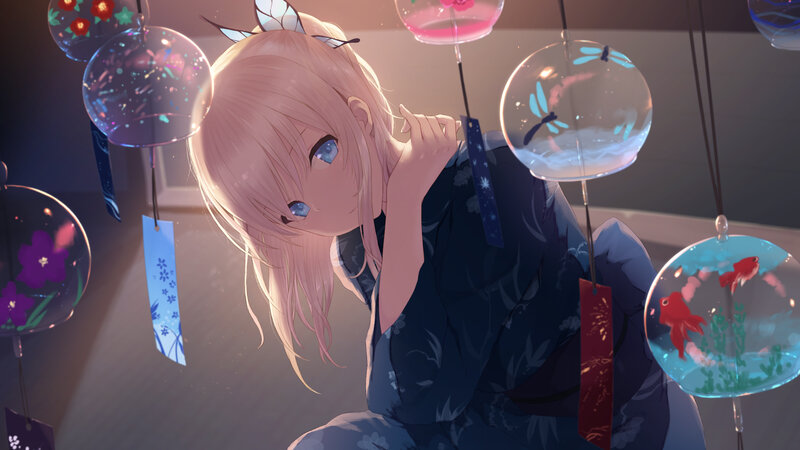 Blonde Anime Girl — Blue, Serene, Night, Digital Art, Wind Chimes