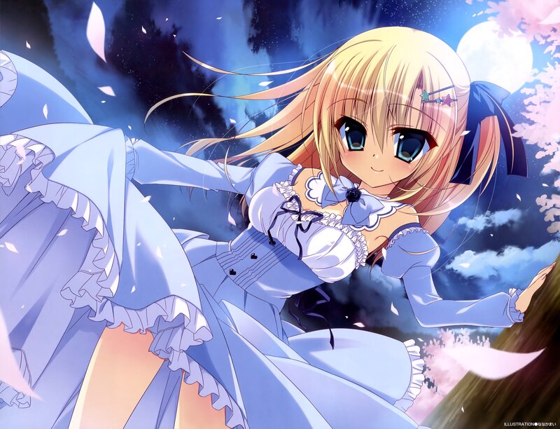 Blonde Anime Girl — Blue, Serene, Night, Dress