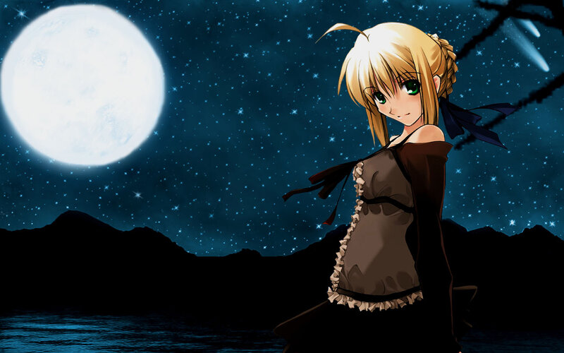 Blonde Anime Girl — Blue, Serene, Night, Moon, Stars, Mountains
