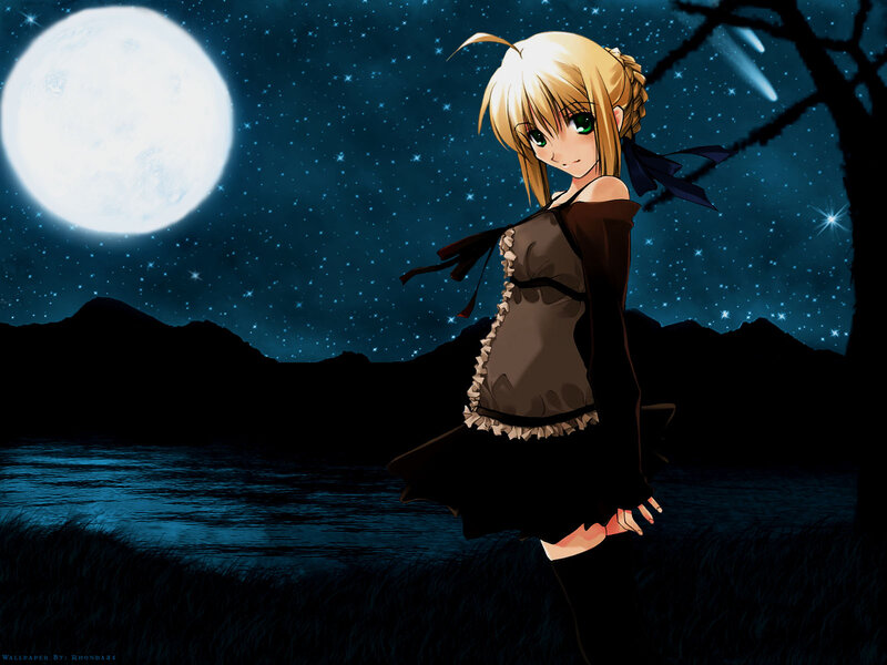 Blonde Anime Girl — Blue, Serene, Night, Moon, Stars