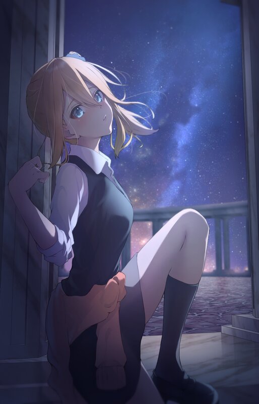 Blonde Anime Girl — Blue, Serene, Night, Night Sky, Stars
