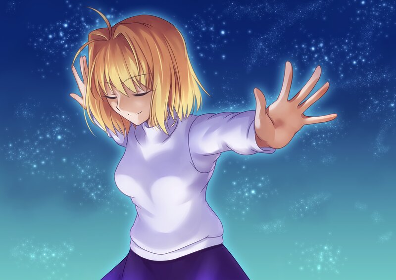 Blonde Anime Girl — Blue, Serene, Night, Stars, Glow