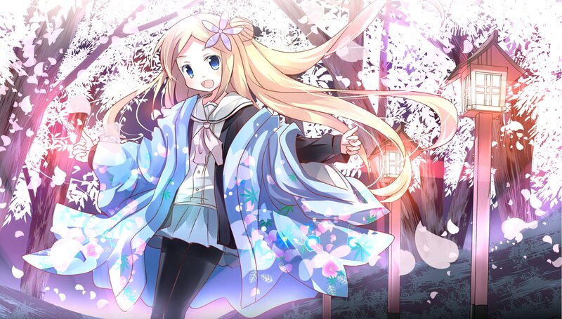 Blonde Anime Girl — Blue, Serene, Spring, Cherry Blossoms, Lantern