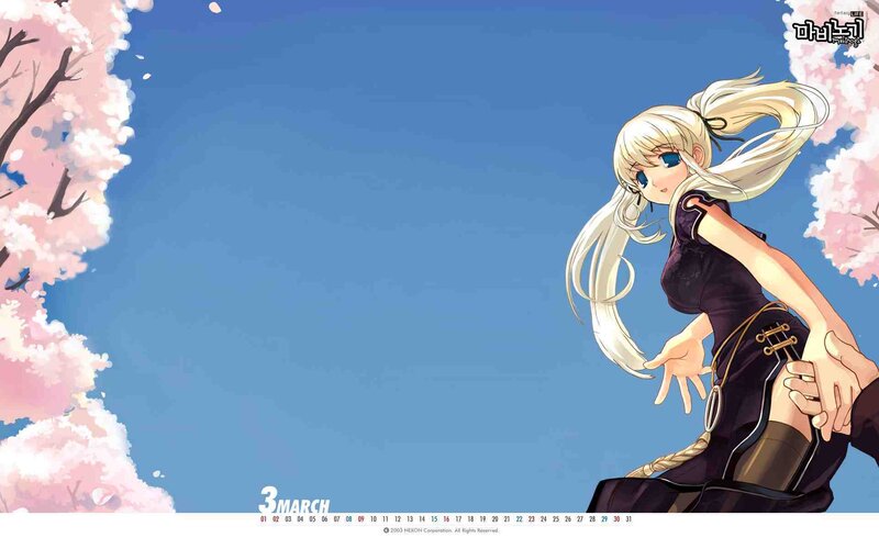 Blonde Anime Girl — Blue, Serene, Spring, Cherry Blossoms