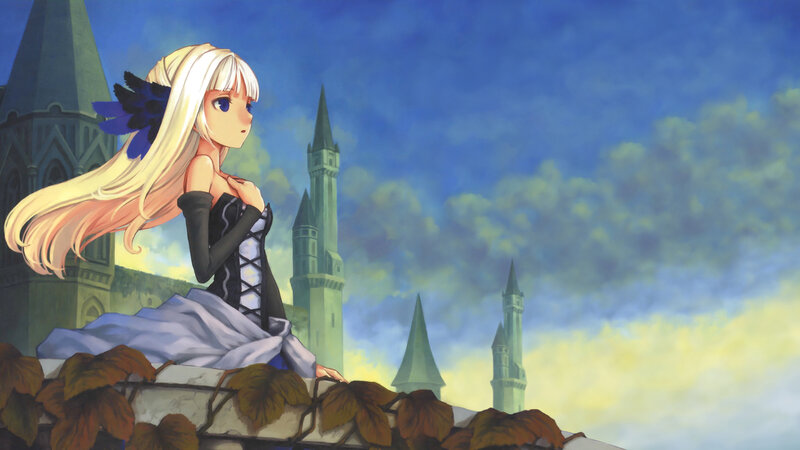 Blonde Anime Girl — Blue, Serene, Sunset, Castle, Towers