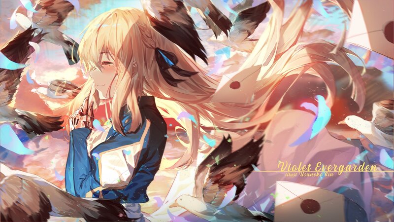Blonde Anime Girl — Blue, Serene, Sunset, Digital Art, Birds