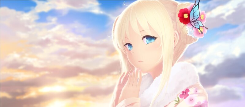 Blonde Anime Girl — Blue, Serene, Sunset, Flowers