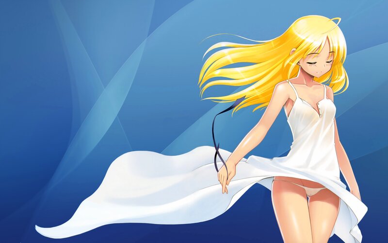 Blonde Anime Girl — Blue, Serene, White Dress